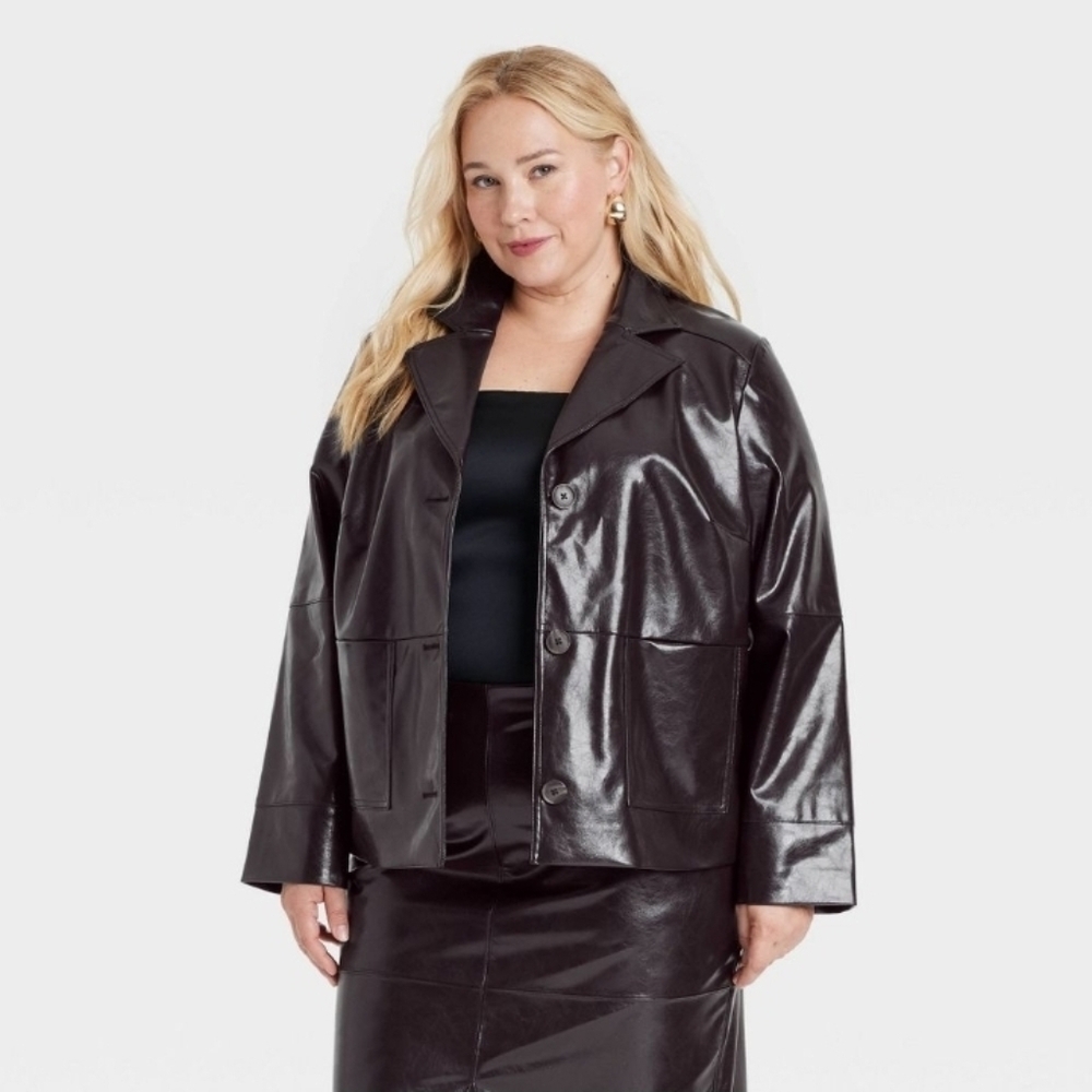 A New Day Women's Faux Leather Jacket Midweight Front Button Full Lining